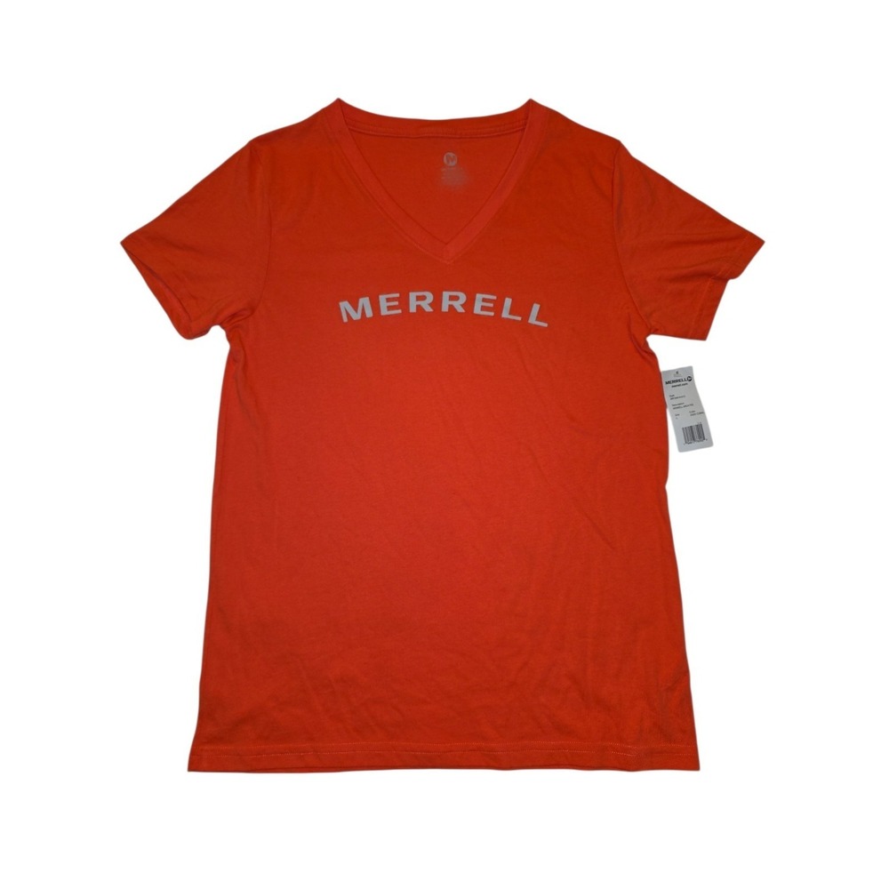 Merrell Arch Tee Women's Large Fiery Coral V Neck Logo T Shirt NWT